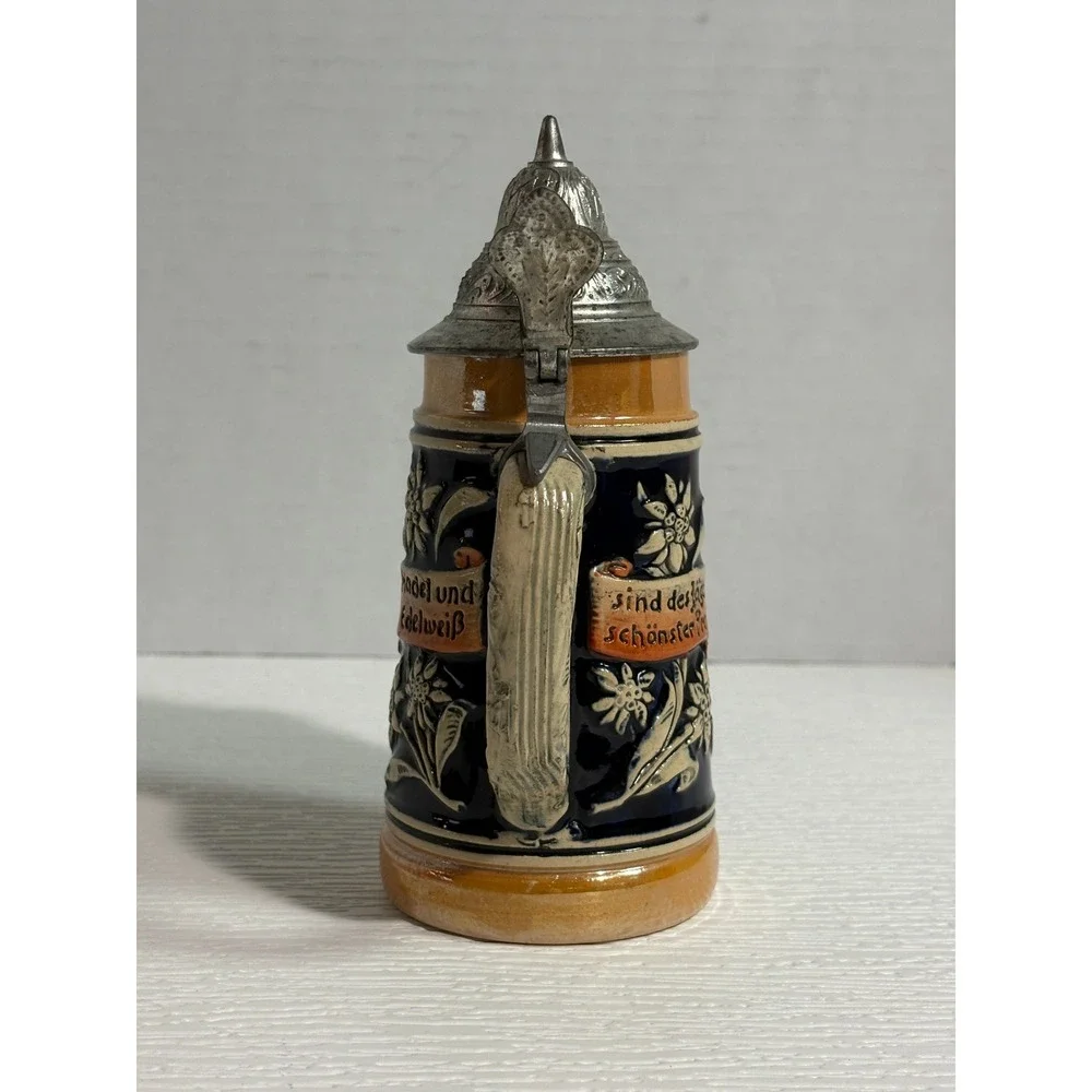 Vintage German Beer Stein Pewter Lid Cobalt Blue Relief Edelweiss Souvenir S0118